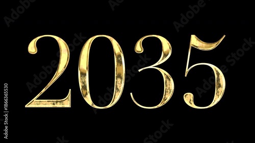 Gold number “2035”, serif, light reflecting and patterns shifting, alpha channel	
