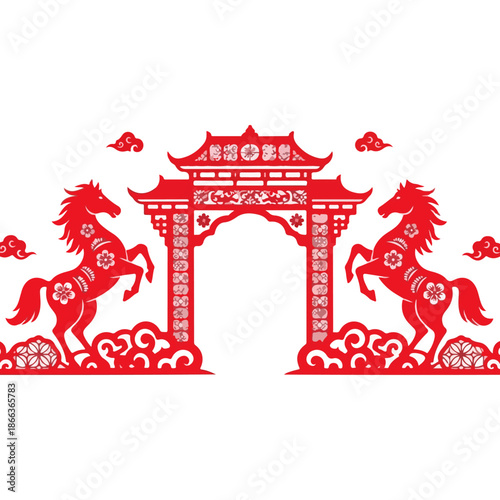 Chinese Style Red Paper Cut Horse Arch.
