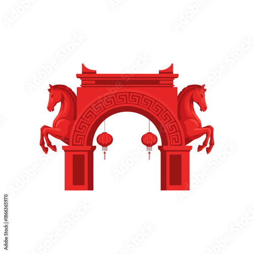 Red Chinese Archway with Horse Statues.