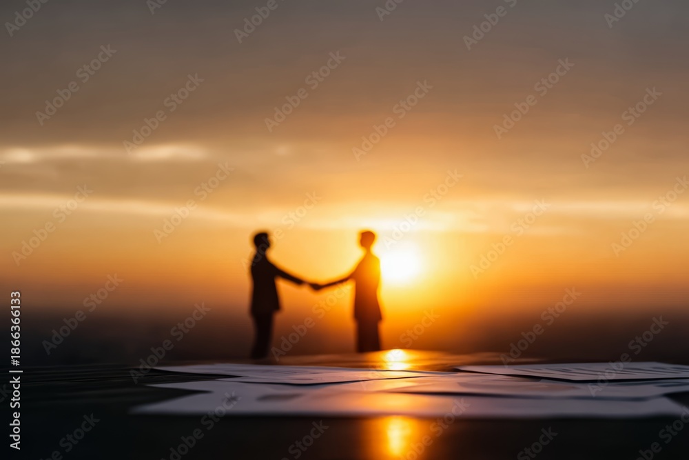 Fototapeta premium Two men are shaking hands in front of a beautiful sunset. The scene is peaceful and serene