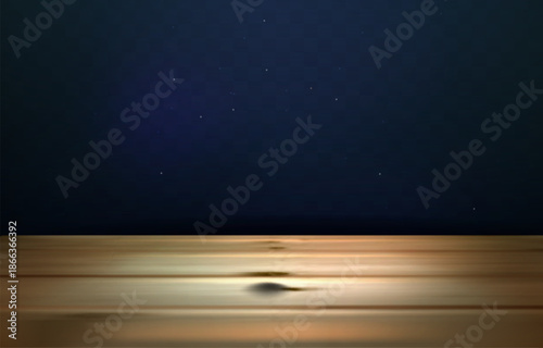 An empty rustic wooden plank table top surface with natural texture and a dark blue starry night sky background with visible stars perfect for product display or advertisement presentations