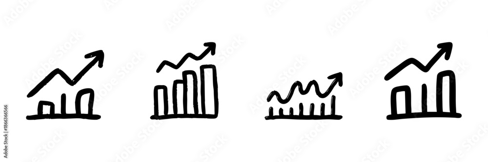 Fototapeta premium Rising Bar Graphs With Arrows Line Icon Set In Doodle Style. Business Growth, Financial Success, And Market Trends Outline Sketch Collection. Hand Drawn Isolated Vector Illustration