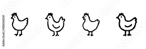 Chicken Line Icon Set In Doodle Style. Farm Animal, Poultry, And Agriculture Outline Sketch Collection. Hand Drawn Isolated Vector Illustration