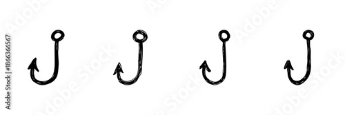 Fishing Hook Line Icon Set In Doodle Style. Angling Equipment, Fishing Gear, And Outdoor Recreation Outline Sketch Collection. Hand Drawn Isolated Vector Illustration
