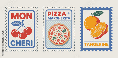 Classic Italy stamp-style poster collection, Mediterranean dolce vita graphic poster series featuring vintage Italian lifestyle themes, perfect for travel wall art, retro posters, tourism branding