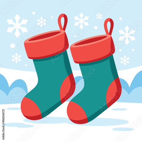 Christmas stockings hanging in winter snow with snowflakes