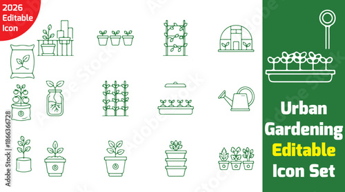 Urban gardening vegetable line icons focused on balcony and indoor farming, clean modern outline style, white background vector