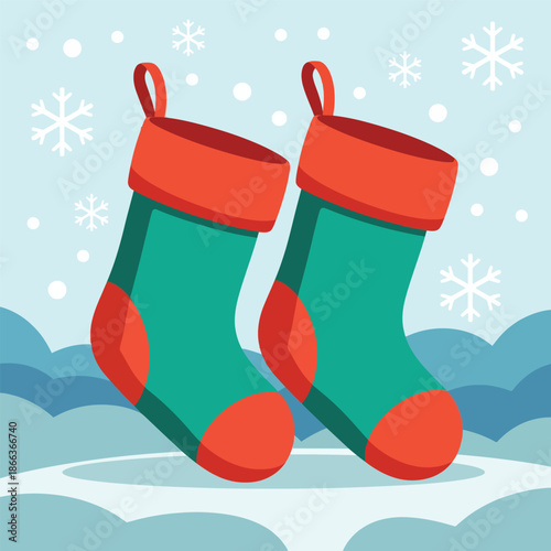 Vibrant green and red christmas stockings on snowy background with snowflakes