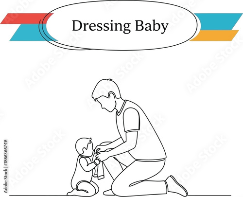 Black outline vector of father kneeling while dressing infant baby