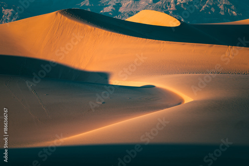 Obraz na płótnie Golden light at sunset among the Mesquite Sand Dunes in the desert of Death Valley National Park, California, USA