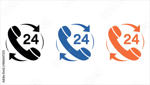 24 hour customer service phone in black blue and orange 24 hour service customer support phone black on white background.
