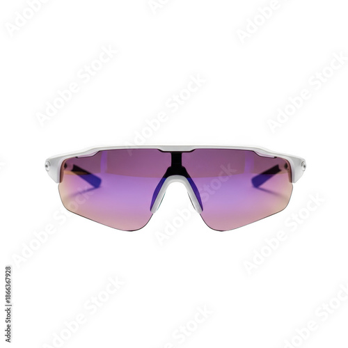 White sports sunglasses with purple mirrored lenses on black background eyewear