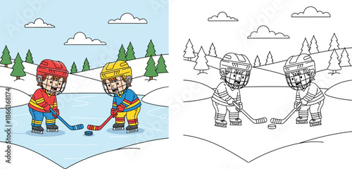Children playing ice hockey on a frozen pond in winter landscape, cartoon vector illustration with coloring book page version for kids' educational and creative activities.