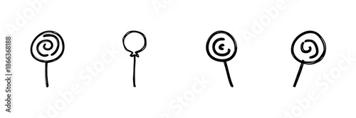 Lollipop Line Icon Set In Doodle Style. Sweet Treats And Candy Design Outline Sketch Collection. Confectionery And Dessert Illustration. Hand Drawn Isolated Vector Illustration