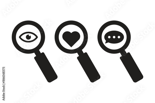 Magnifying Glass Icons with Eye, Heart, and Chat Symbols