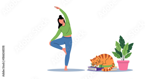 Peaceful illustration of a woman practicing a yoga pose at home with a ginger cat sleeping on a stack of books and a potted plant.