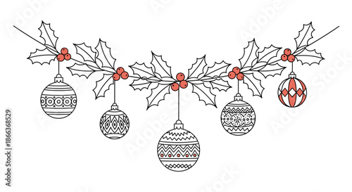 Festive holiday garland illustration featuring holly branches with red berries and patterned Christmas baubles in a clean line art style.