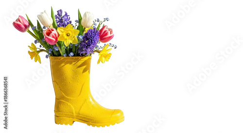 Yellow rubber boot filled with colorful spring flowers on black background wellington rain