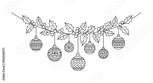 Ornate holiday garland design featuring holly branches and various patterned Christmas ornaments in a clean monochrome line art style.