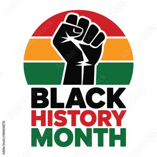Black history month logo with raised fist and rainbow background