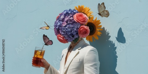 Surreal floral head portrait with butterflies and summer drink in white suit against pastel blue background creative modern art