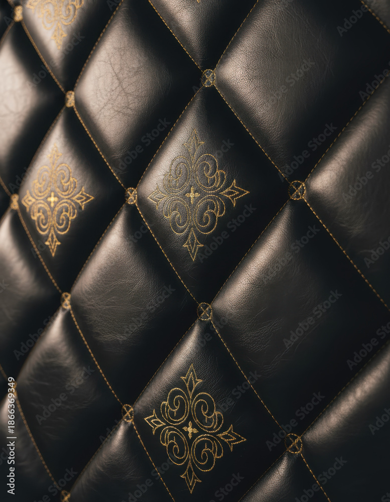 Fototapeta premium Close-up of Luxurious Diamond-Patterned Upholstery with Ornate Gold Detailing and Stitching
