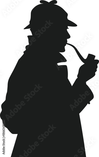 Detective smoking pipe silhouette illustration, classic mystery character, investigation concept, vintage noir profile, black white vector icon art, design, graphic
