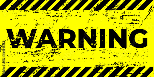Yellow caution sign board in grunge style with black lines. Realistic warning signboard, attention banner template, road shield. Vector illustration with grain, old texture, stain and scratch.