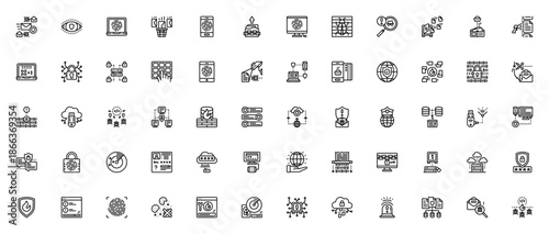 Cyber security icon set. Vector illustration. Includes symbols for email, spy, laptop, firewall, virus, password, encryption, wifi, data protection and more.