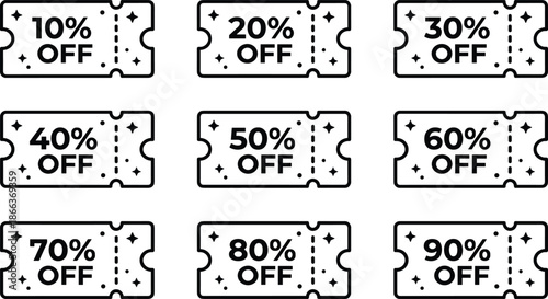 Minimal black and white discount coupon tickets set showing percentage sale offers from ten to ninety percent off promotion icons