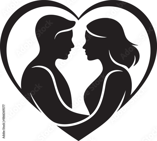 Silhouetted couple embracing within a heart shaped frame a symbol of love