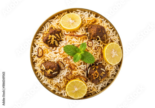 indian kofta rice platter with lemon garnish top view
