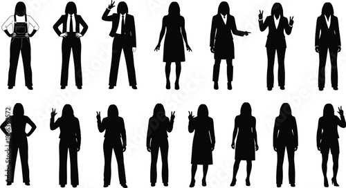 Women silhouette collection in various business casual and professional poses expressing confidence gestures and victory signs isolated on white background illustration