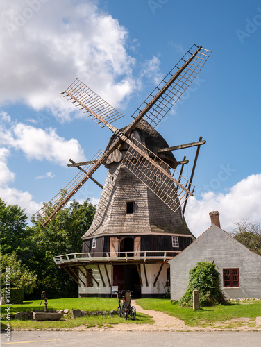 Svanemøllen windmill front view on Møllebakken in Kerteminde, Funen, Southern Denmark