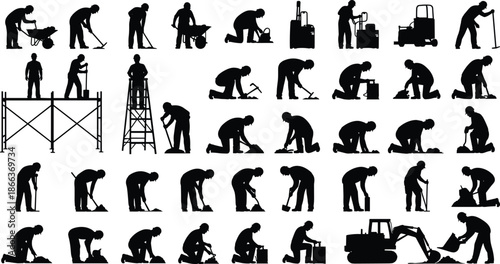 Construction worker silhouettes performing manual labor tasks with tools and machinery, industrial workforce activities, building site operations, black vector illustration