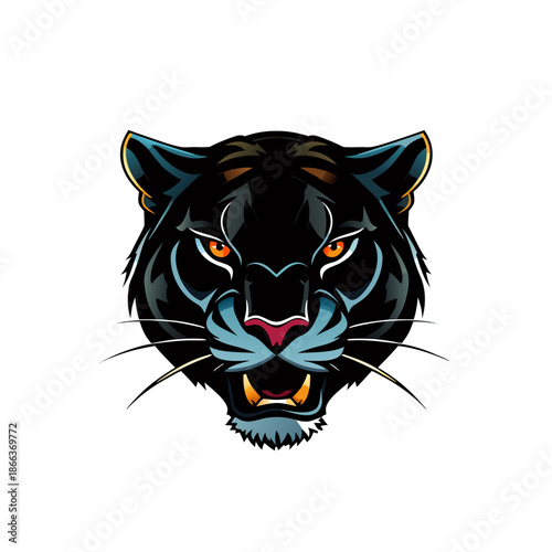 Fierce black panther head with glowing orange eyes and sharp teeth
