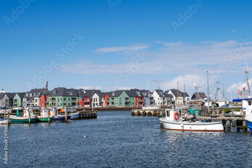 Kerteminde harbour with fishing boats and waterfront houses along Nordre Havnekaj in background, Funen, Denmark