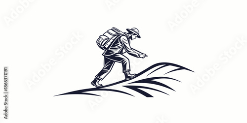 Hiker climbing hill with backpack on adventurous journey