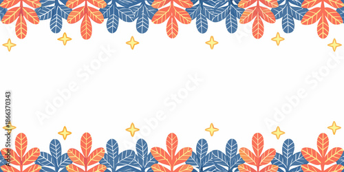 A festive border of blue and orange leaves with sparkling star accents