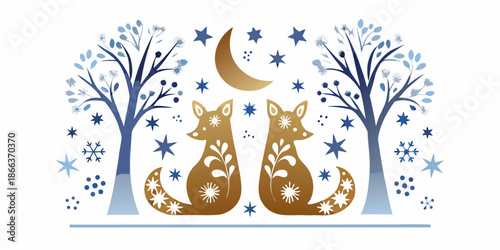 Two golden foxes sit beneath a crescent moon and winter trees