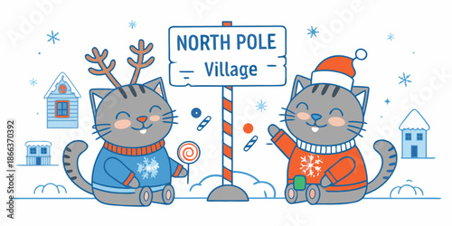 Festive cats welcome visitors to the north pole village with winter charm