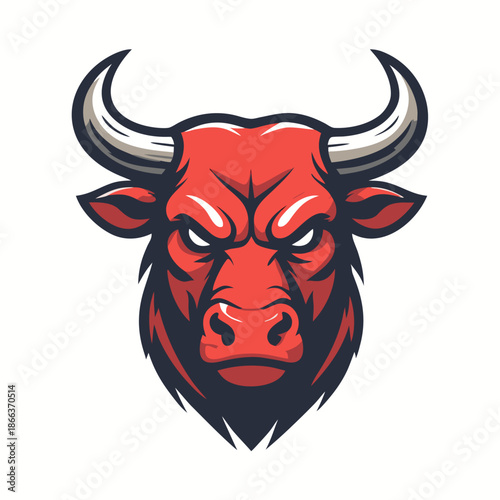 Fierce red bull head with sharp horns and intense gaze