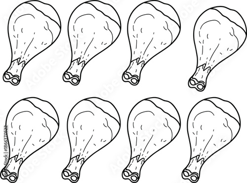 Cartoon chicken drumsticks vector illustration, food clipart for kids, poultry meat icons, simple black outline style, educational counting material