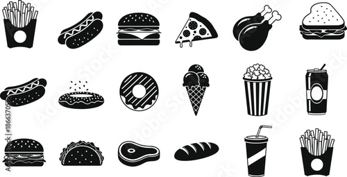 Fast food icons, snack symbols, black and white vector, junk food illustration, minimal style, restaurant menu graphics, editable outline, isolated elements