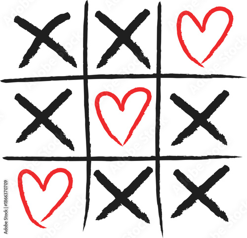 Hand drawn tic tac toe game featuring red hearts versus black x marks showing a close match for valentines day design elements