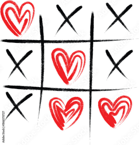 Hand drawn tic tac toe game featuring red hearts versus black x marks showing a close match for valentines day design elements