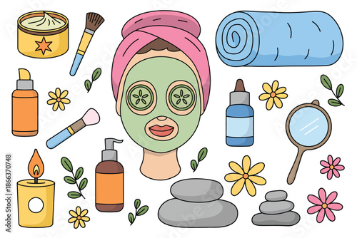 Beauty Doodles, colorful hand-drawn children illustration of beauty treatment featuring face mask, cucumber slices, headband, towel, and cream, perfect for kids design, spa themes, self-care graphics,
