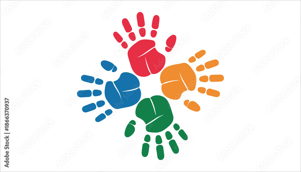 Obraz premium Colorful handprints in circle red blue green orange on white background