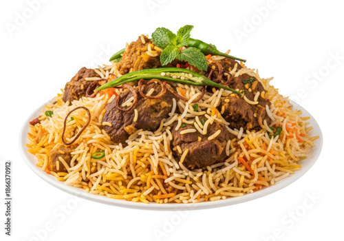 lamb biryani plate with saffron rice, fried onions, and mint