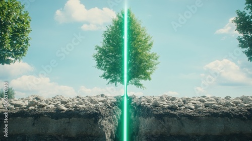 Bright Green Beam of Light Splitting Landscape with Tree and Sky Background in Surreal Nature Scene